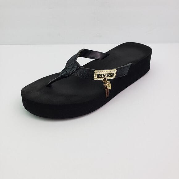 Guess Womens Size 8 Black Gold Slip On Platform Thong Flip Flop Sandals - Picture 2 of 11
